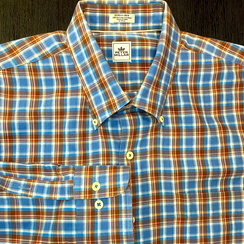 Peter Millar Blue and Brown Plaid Casual Button Down Shirt
